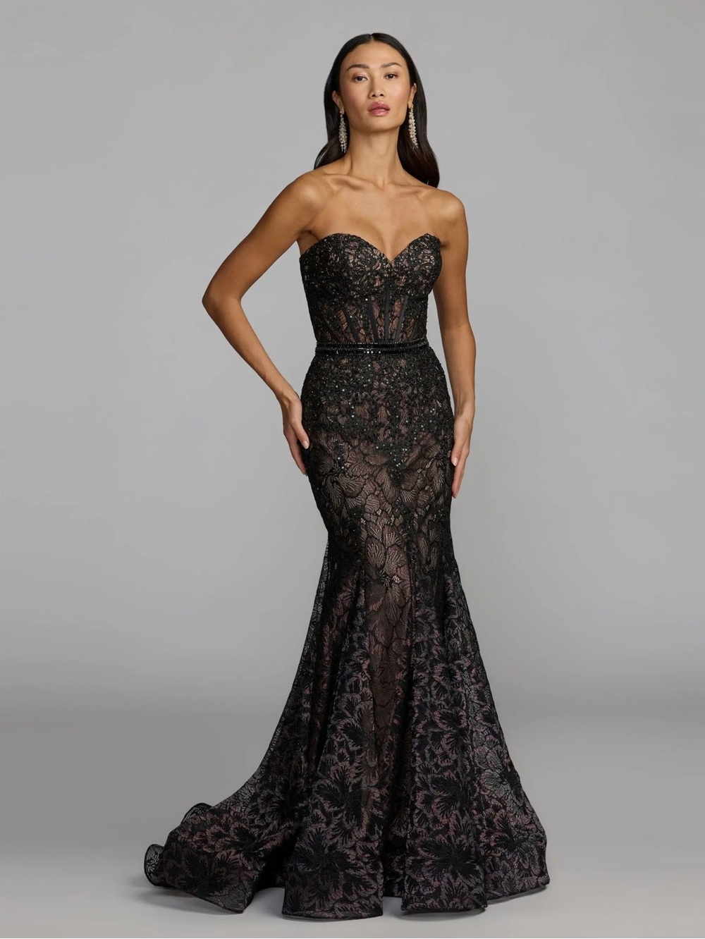 MAC DUGGAL COLLECTION Black Size 8 Embellished Lace Strapless Trumpet Gown Dress